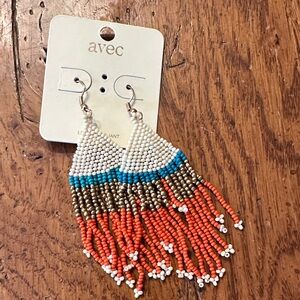 NWT. Beaded Fringe Earrings - Orange, Blue, Gold, White